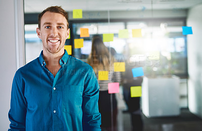 Buy stock photo Man, business people and portrait in presentation with sticky notes, collaboration or creativity. Team, meeting and male person in digital agency, company or office for ideas, brainstorming or vision