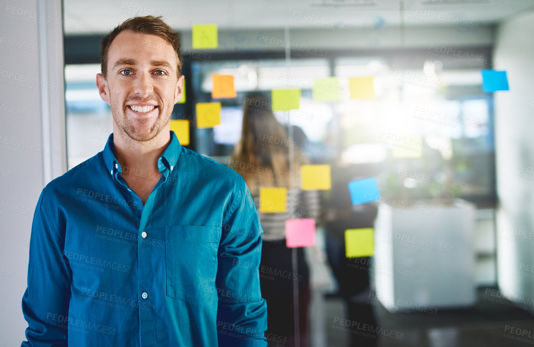 Buy stock photo Man, business people and portrait in presentation with sticky notes, collaboration or creativity. Team, meeting and male person in digital agency, company or office for ideas, brainstorming or vision