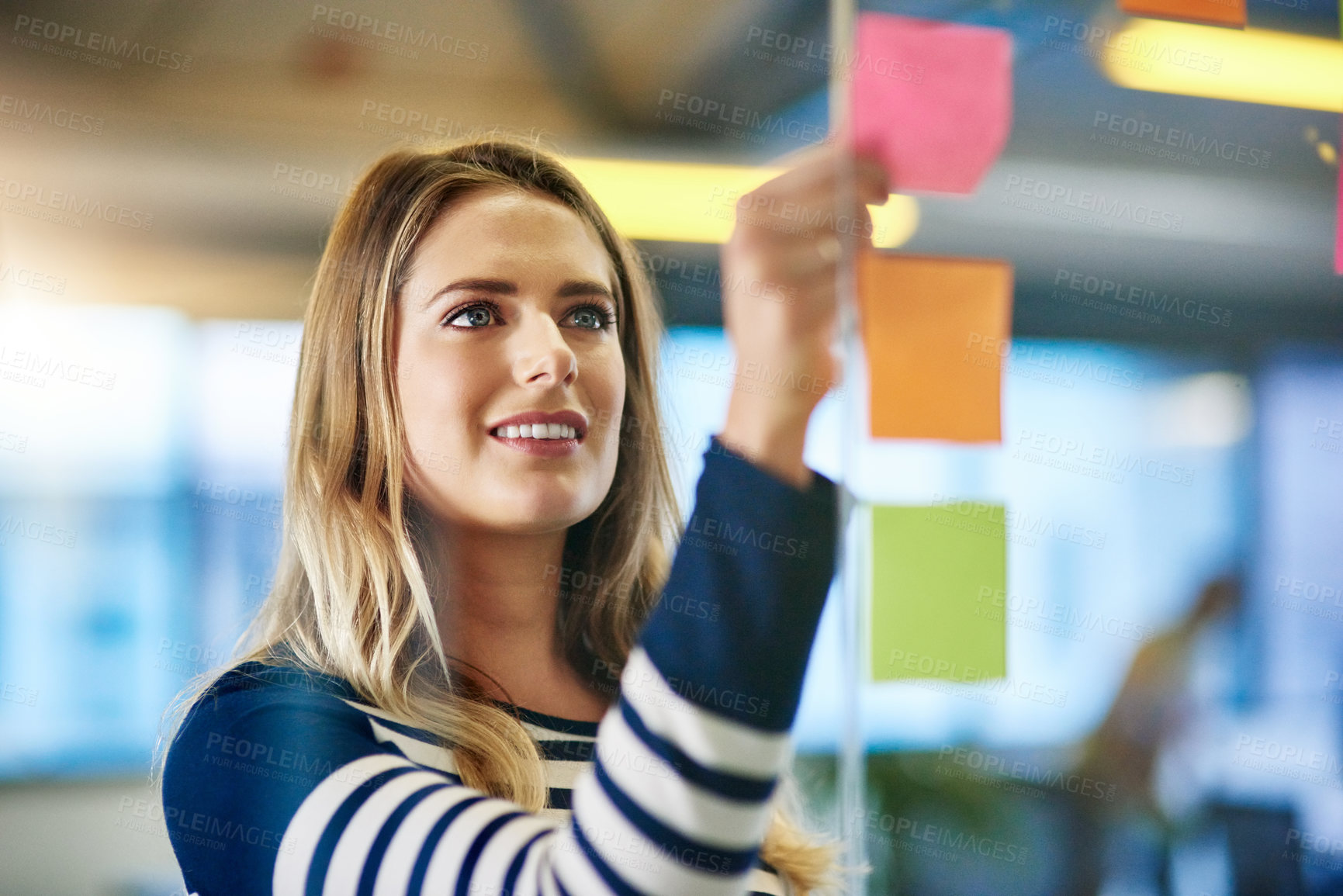 Buy stock photo Woman, sticky note and brainstorming project in office as company growth or market research, glass wall or idea. Female person, hand and paper at creative agency or business campaign, target or goal