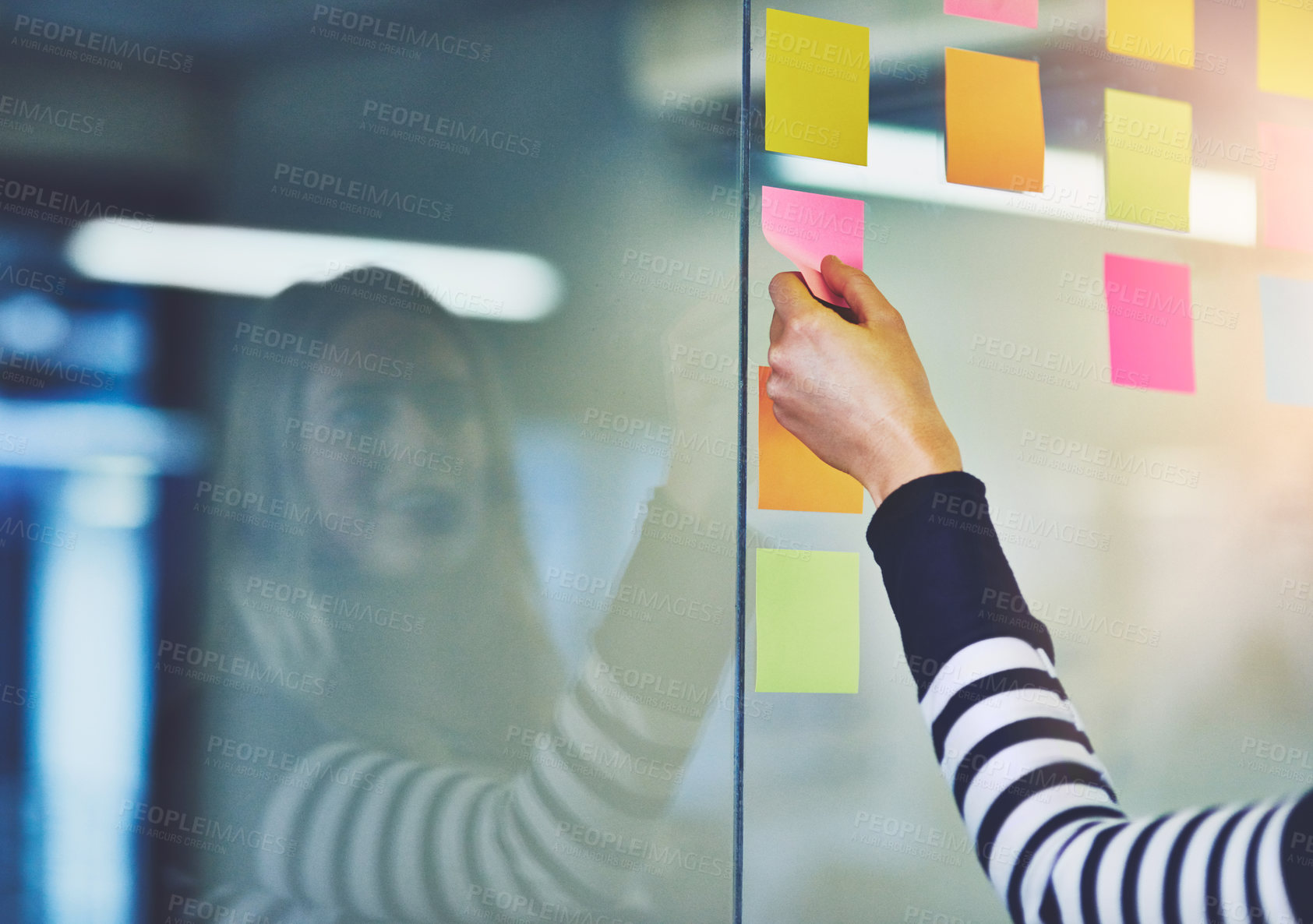 Buy stock photo Person, hand and sticky note on glass wall for brainstorming research or startup, project planning or mind map. Fingers, paper and problem solving for company solution or goals, creative or target