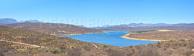 Buy stock photo River, landscape and outdoor with sky, savannah or bush by mountains, nature and countryside for banner. Environment, conservation and water on horizon in summer, sunshine and location in Argentina