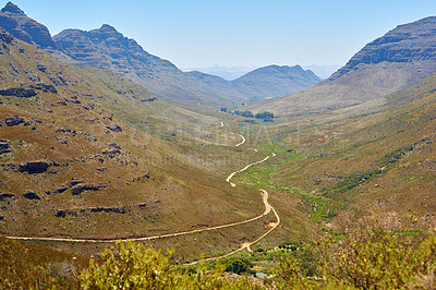 Buy stock photo Outdoor, nature and view of mountain green, holiday location and peace in sustainable landscape. Earth, countryside and hills to explore on vacation, remote adventure and wild environment for travel