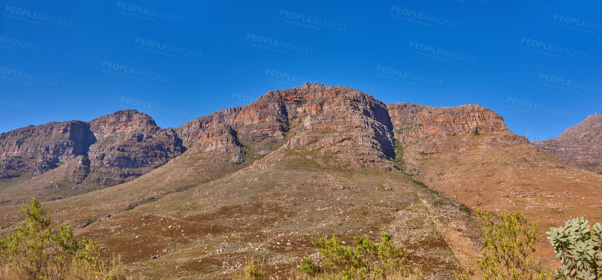 Buy stock photo Outdoor, wild and view of mountain in nature, holiday location and peace in sustainable landscape. Earth, countryside and hills to explore on vacation, remote adventure and environment for travel