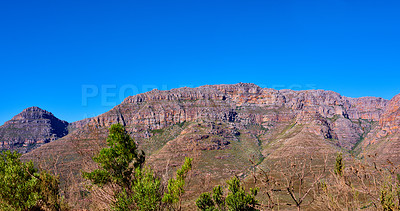 Buy stock photo Outdoor, freedom and view of mountain, holiday location and peace in sustainable landscape. Earth, countryside and hills to explore on vacation, remote adventure and wild environment for travel