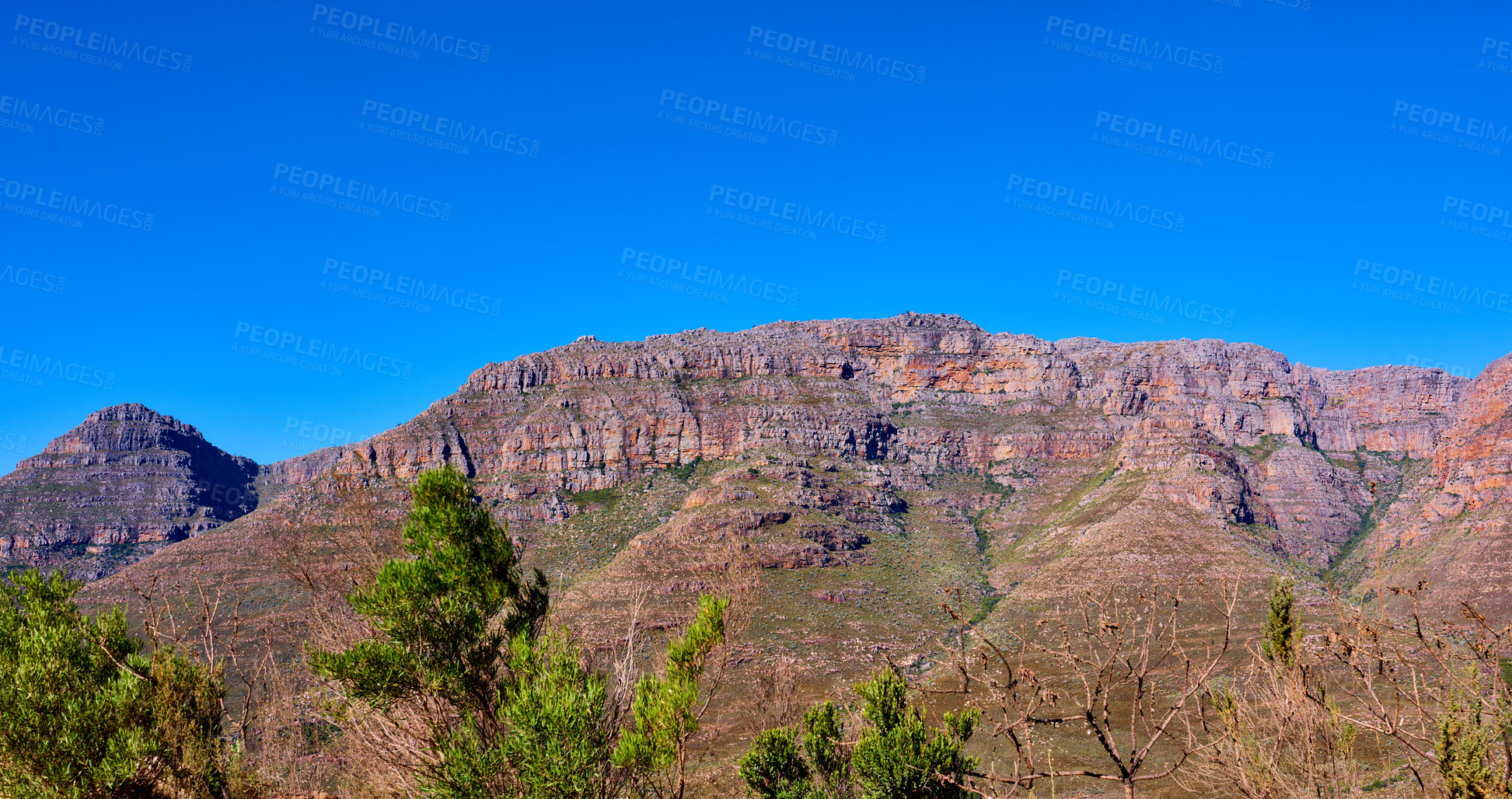 Buy stock photo Outdoor, freedom and view of mountain, holiday location and peace in sustainable landscape. Earth, countryside and hills to explore on vacation, remote adventure and wild environment for travel