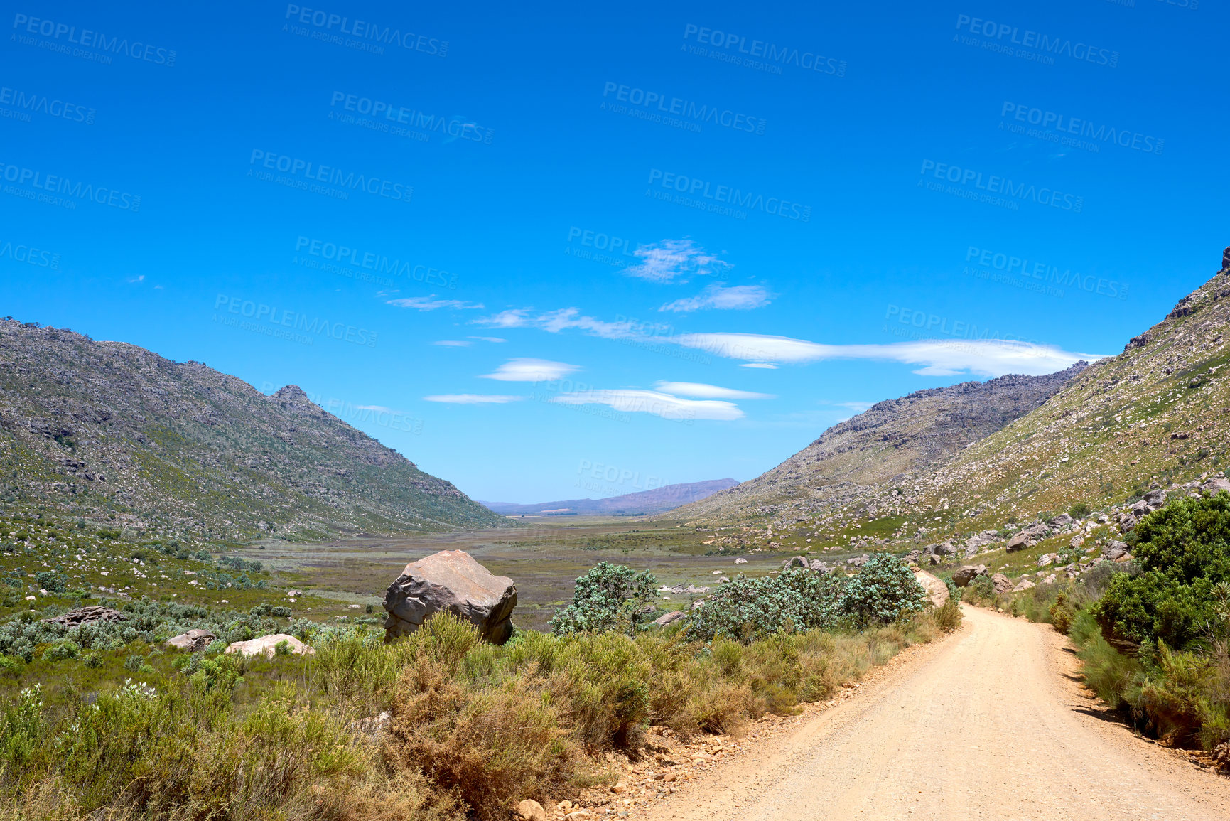 Buy stock photo Outdoor, landscape and nature with path for mountains, hiking location and trekking for adventure. Countryside, eco friendly and environment with sustainability for plants, travel or sky in Australia