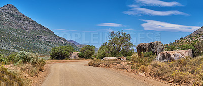 Buy stock photo Countryside, landscape and location with path for mountains, hiking and trekking for adventure. Outdoor, ecology and environment with growth for plants, trees and nature for travel in Switzerland