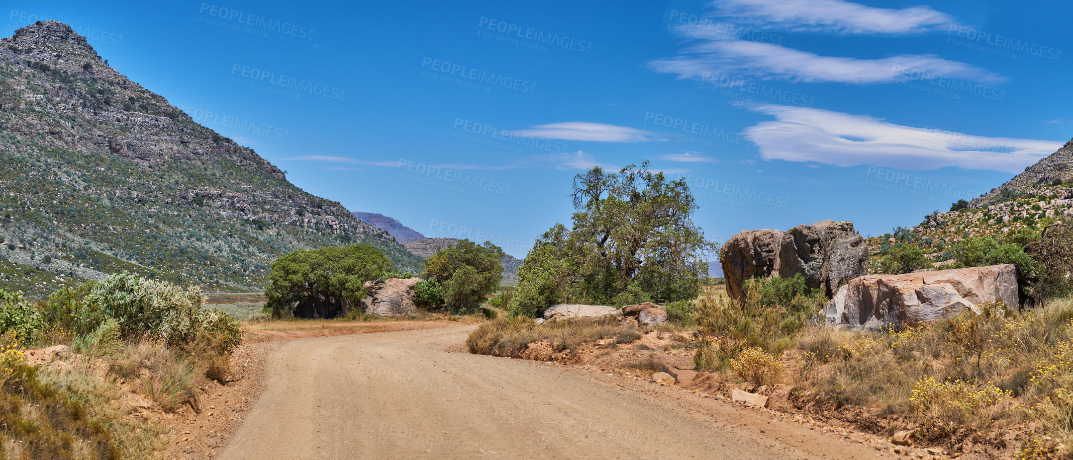 Buy stock photo Countryside, landscape and location with path for mountains, hiking and trekking for adventure. Outdoor, ecology and environment with growth for plants, trees and nature for travel in Switzerland