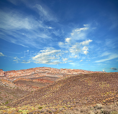 Buy stock photo Arid, mountains and landscape with nature, blue sky and adventure with journey. Empty, travel and hills with Australia desert, ecology or plants with environment, clouds and sunshine with rocks