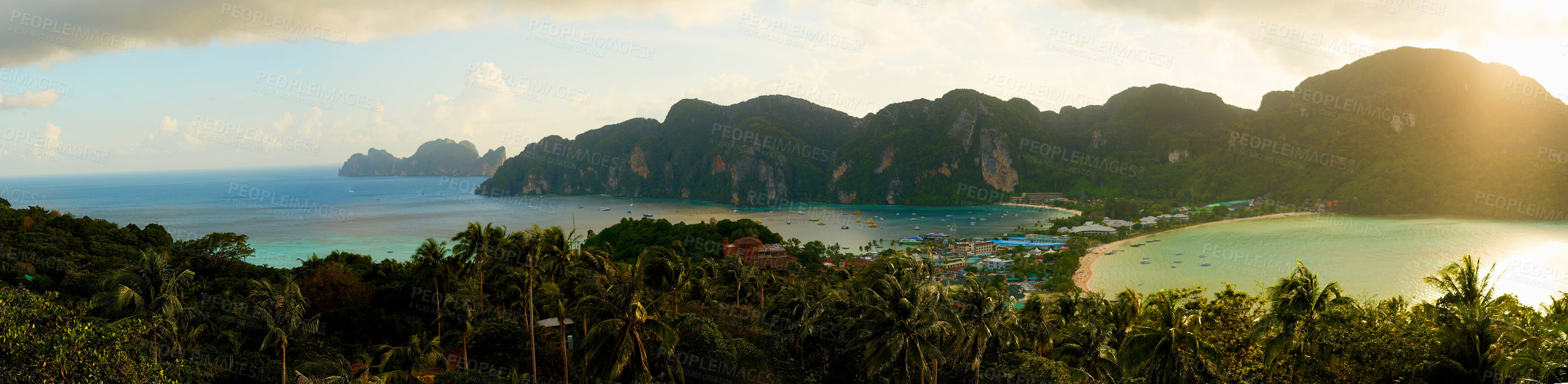 Buy stock photo Panoramic shot of an exotic island landscape