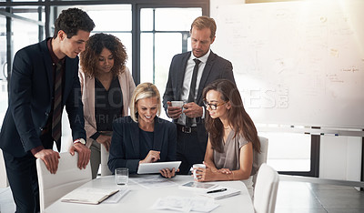 Buy stock photo Happy business people, meeting with collaboration and tablet, planning ideas on project proposal or feedback. Teamwork, strategy and b2b workshop, men and women for target management in modern office