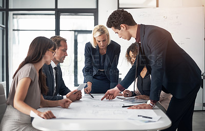 Buy stock photo Business people, architect and blueprint in meeting, brainstorming or planning for strategy at the office. Group of contract engineers in teamwork, floor plan or documents for industrial architecture