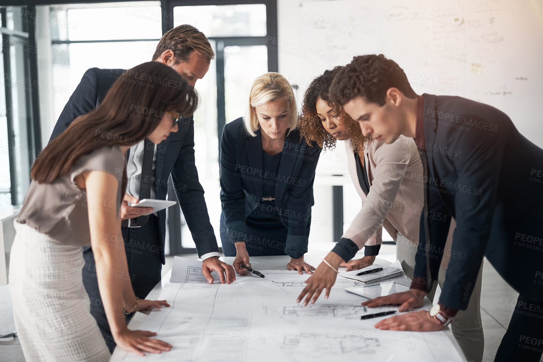 Buy stock photo Business people, architect and blueprint in meeting, collaboration and planning for strategy at office. Group of contract engineers in teamwork, floor plan or documents for industrial architecture