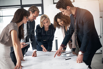 Buy stock photo Business people, architect and blueprint layout in meeting collaboration or planning strategy at office. Group of engineers in teamwork discussion, floor plan or documents for industrial architecture