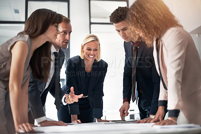 Buy stock photo Business people, corporate meeting with paperwork and planning ideas in collaboration on project proposal. Teamwork, strategy and b2b workshop, men and women with target management in happy office.