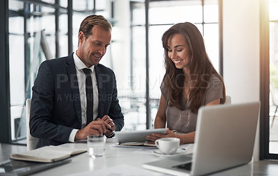 Buy stock photo Laptop, collaboration or coaching with a mentor and employee in the boardroom for an introduction to the business. Teamwork, training or partnership with a male manager talking to a woman colleague