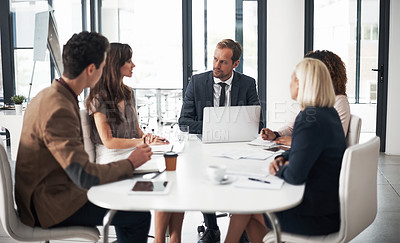 Buy stock photo Business meeting, group of people with laptop and ideas in collaboration on project proposal or pitch. Teamwork, strategy and planning, team of men and women with target management in modern office.