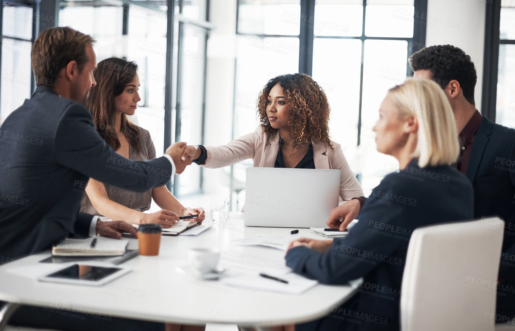 Buy stock photo Business people, handshake and meeting in team strategy, partnership or collaboration at office conference. Woman shaking hands with employee in teamwork planning, agreement or deal at the workplace