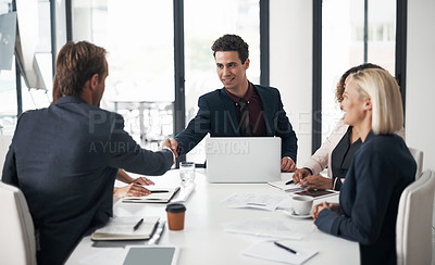 Buy stock photo Businessman, handshake and meeting for deal, partnership or b2b in teamwork at office conference. Business people shaking hands in recruiting, hiring or deal agreement for team growth at workplace