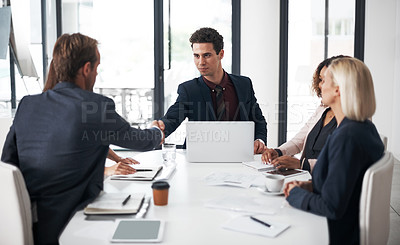 Buy stock photo Business people, handshake and meeting for agreement, partnership or collaboration at office conference. Businessman shaking hands with employee in recruiting, team growth or hiring deal at workplace