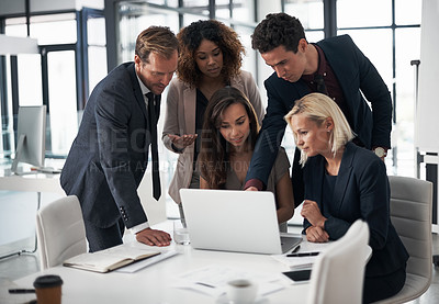 Buy stock photo Business people, meeting with laptop and idea, coaching and planning in collaboration on project proposal. Teamwork, strategy and pitch workshop, men and women with target management in modern office
