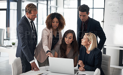 Buy stock photo Business people, idea with laptop and pitch for online report, coaching and planning in collaboration on project. Teamwork, opinion and workshop, men and women with target management in modern office
