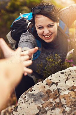Buy stock photo Shot of a young woman out mountain climbing