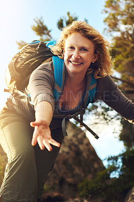 Buy stock photo Shot of a young woman out mountain climbing
