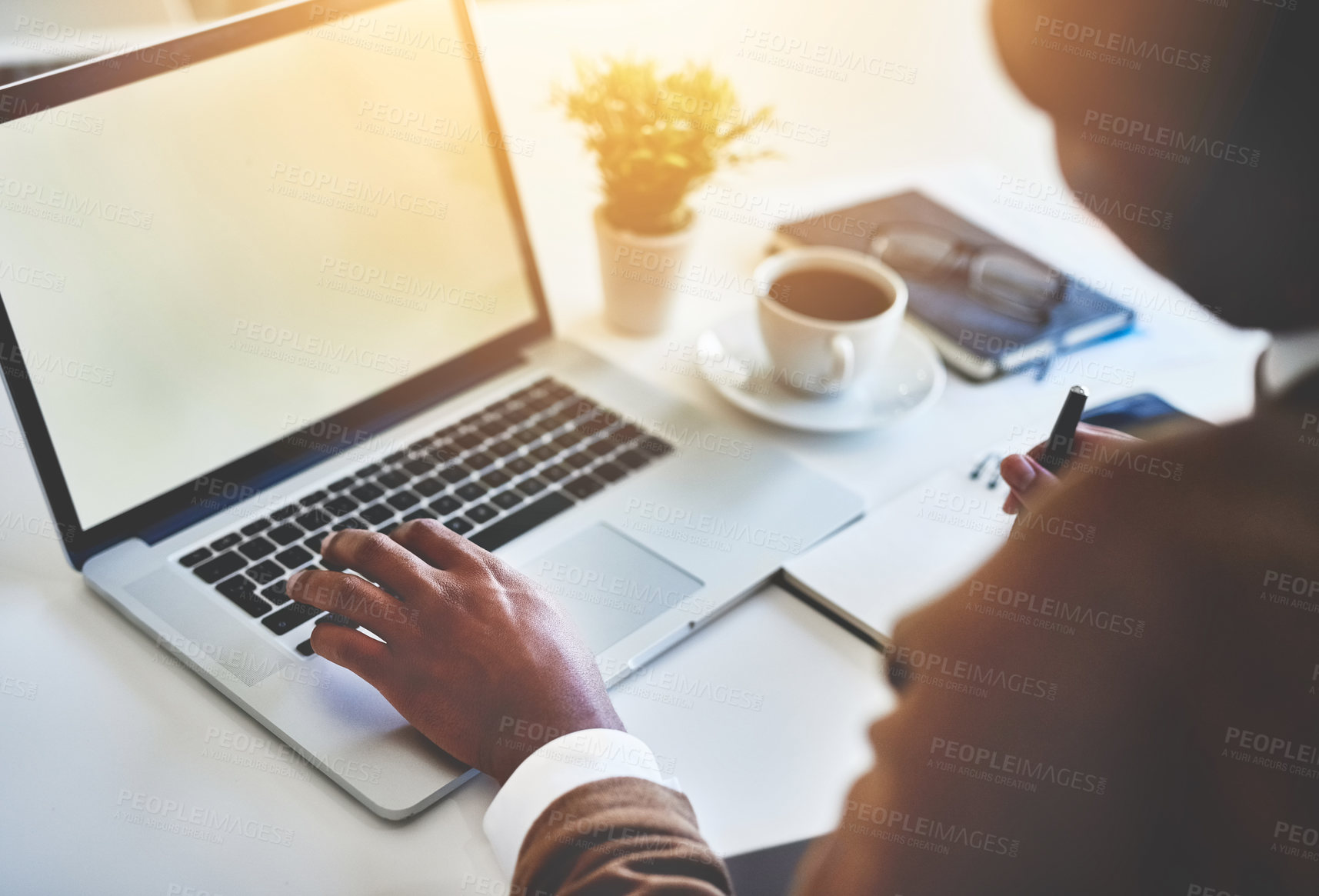 Buy stock photo Hands, black man and typing with laptop screen in office for communication, planning and schedule. Male accountant, online and writing in notebook with information, check agenda and financial growth