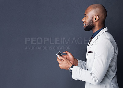 Buy stock photo Tablet, thinking and business man isolated on dark gray background, mockup and stock market solution or ideas. Accountant or african person with finance vision, search and digital tech on banner wall