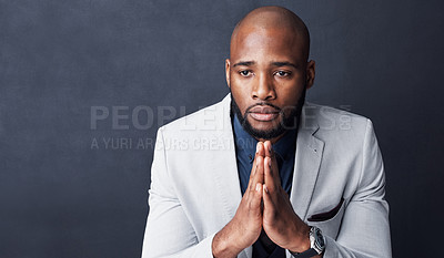 Buy stock photo Praying, hands and business man with faith for career, job or opportunity, asking god for help and support. Corporate african person in prayer sign, religion and hope isolated on dark wall background