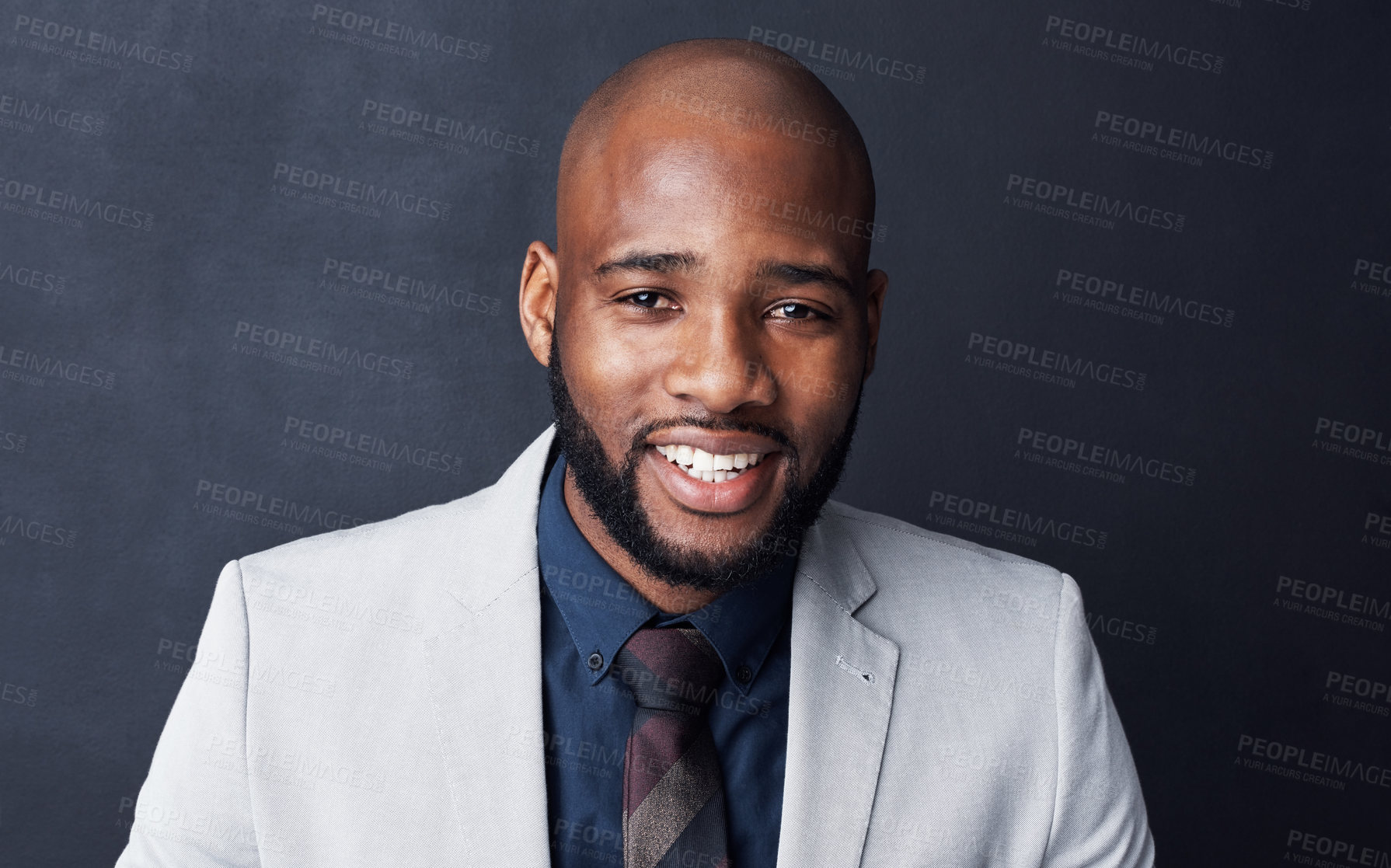 Buy stock photo Studio, black man and lawyer in portrait for business, corporate project and confidence with smile. Career, male person and attorney with ambition for court case, justice and happy by dark background