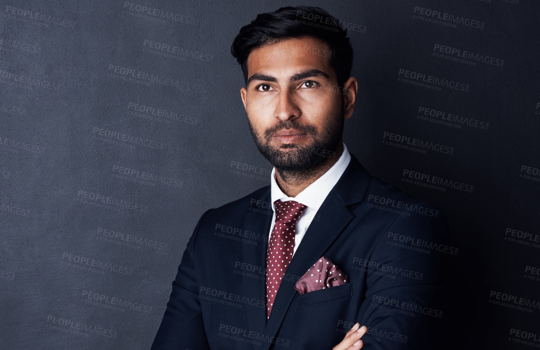 Buy stock photo Studio, pride and businessman with thinking for project, career and professional job for justice. Mockup space, indian lawyer and formal style with confidence for court case, ideas or dark background