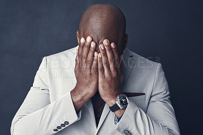 Buy stock photo Sad, stress and business man crying, frustrated or depressed for financial mistake, debt or crisis. Corporate person with bankruptcy for finance fail or stock market crash isolated on dark background