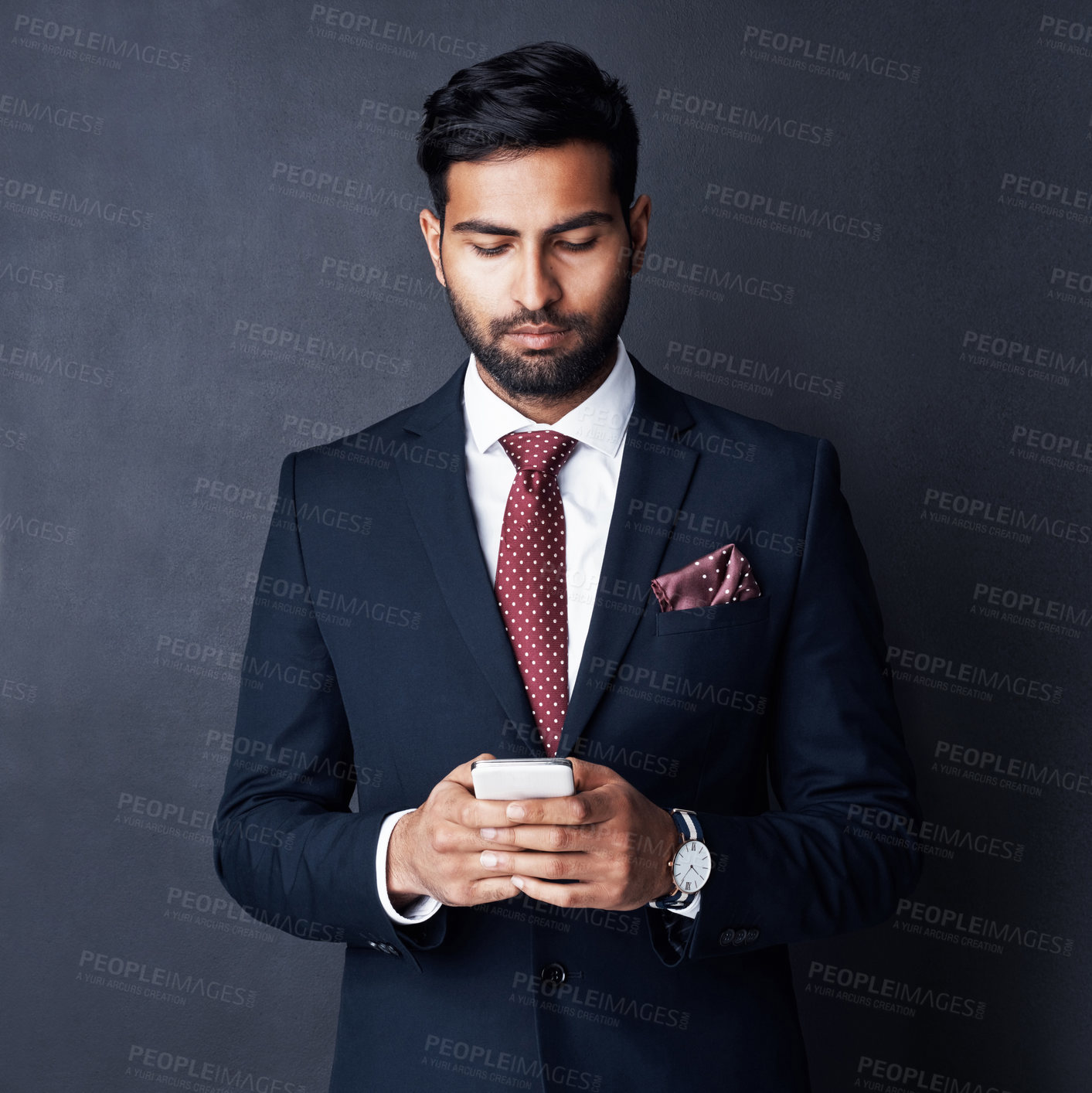 Buy stock photo Entrepreneur, phone and business man in studio for communication, contact and networking. Corporate fashion, gray background and isolated person on smartphone for email, social media and website