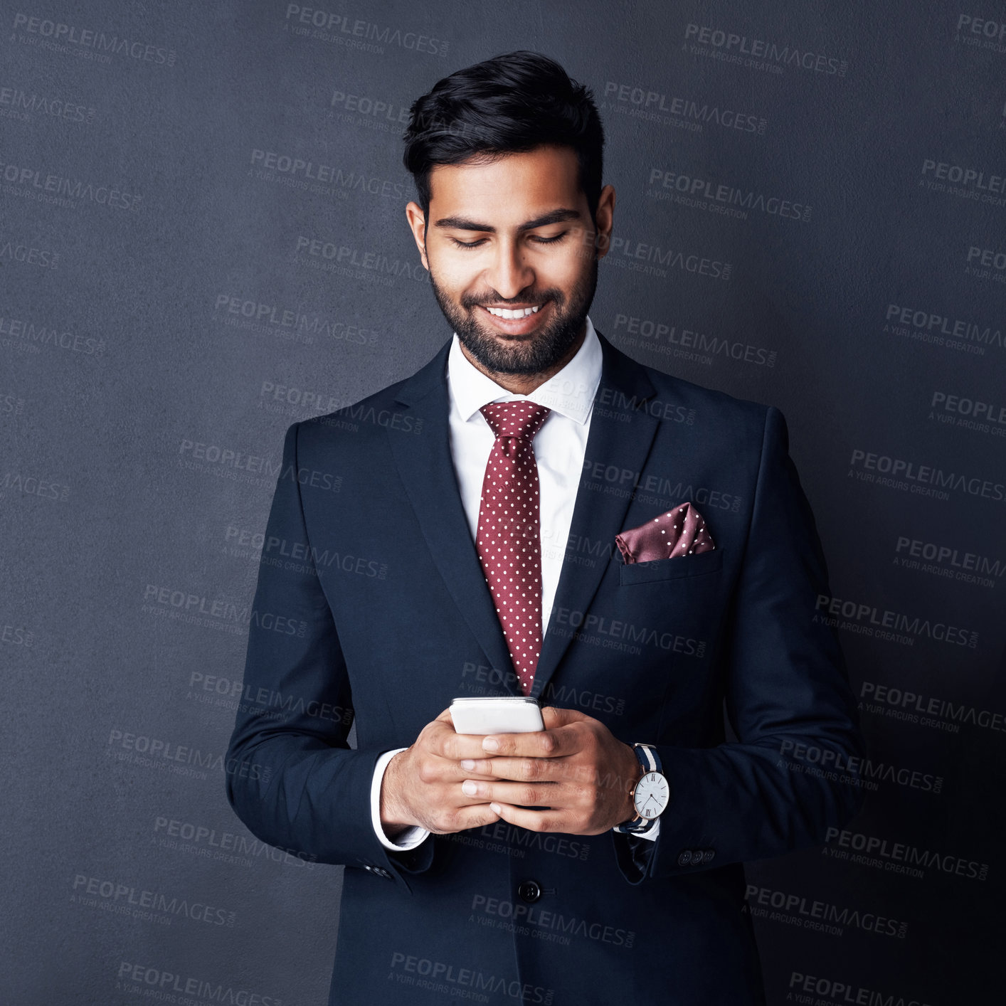 Buy stock photo Professional, phone and business man in studio for communication, contact and networking. Corporate fashion, gray background and isolated person on smartphone for email, social media and website