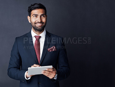 Buy stock photo Happy businessman, tablet or thinking in studio on mockup space of trading ideas, mindset or planning goals. Corporate trader, indian man or remember decision with digital technology, vision or smile