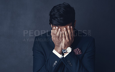 Buy stock photo Crying, sad and business man stress, frustrated or depressed for financial mistake, debt or crisis. Corporate person with depression for finance fail or stock market crash isolated on dark background