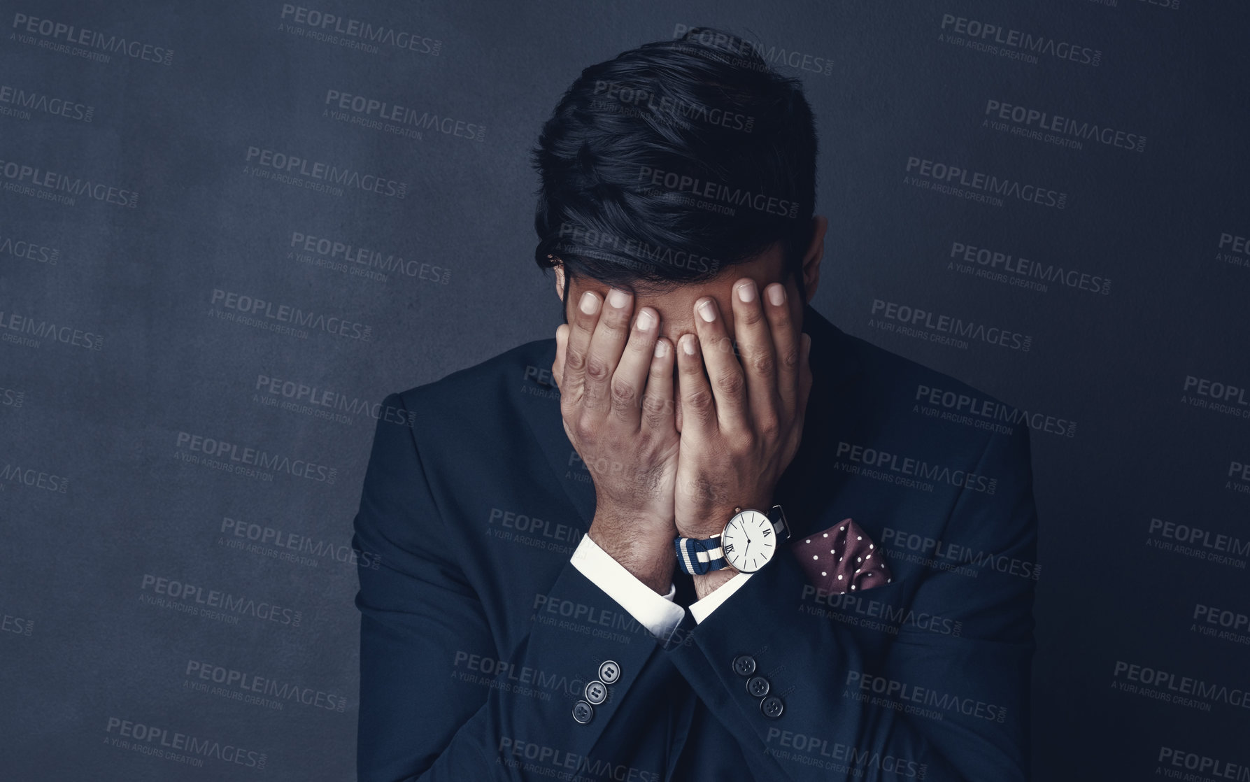 Buy stock photo Crying, sad and business man stress, frustrated or depressed for financial mistake, debt or crisis. Corporate person with depression for finance fail or stock market crash isolated on dark background