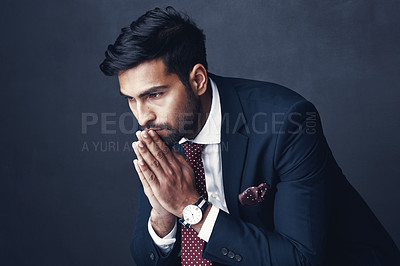 Buy stock photo Corporate, thinking and Indian man with stress, worry and employee against a dark studio background. Male person, entrepreneur and agent confused, mistake and anxious with depression, fail or anxiety