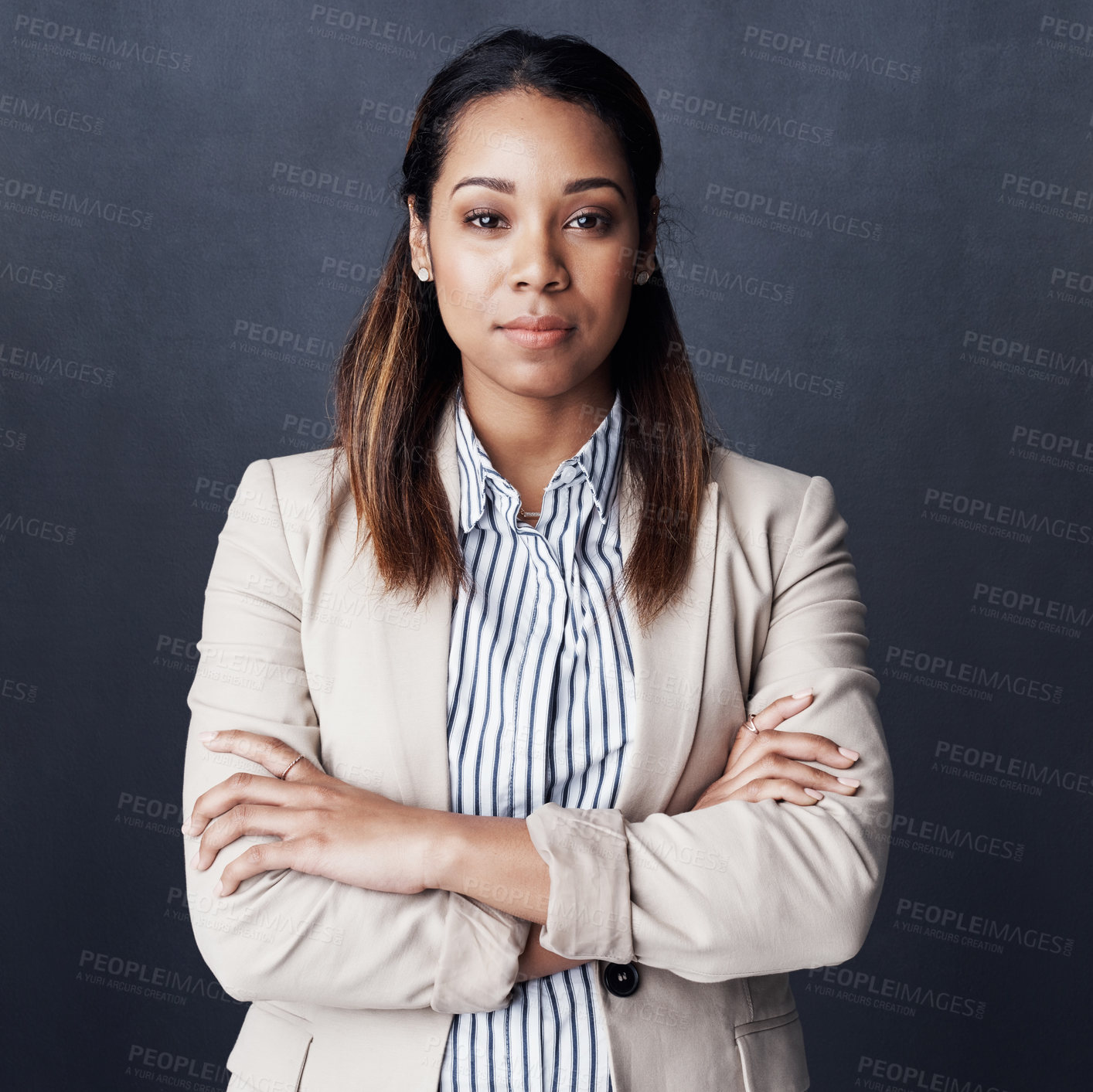 Buy stock photo Studio, businesswoman and lawyer in portrait with arms crossed, justice mission and about us with pride. Career, female person and attorney with confidence for court case, project and dark background