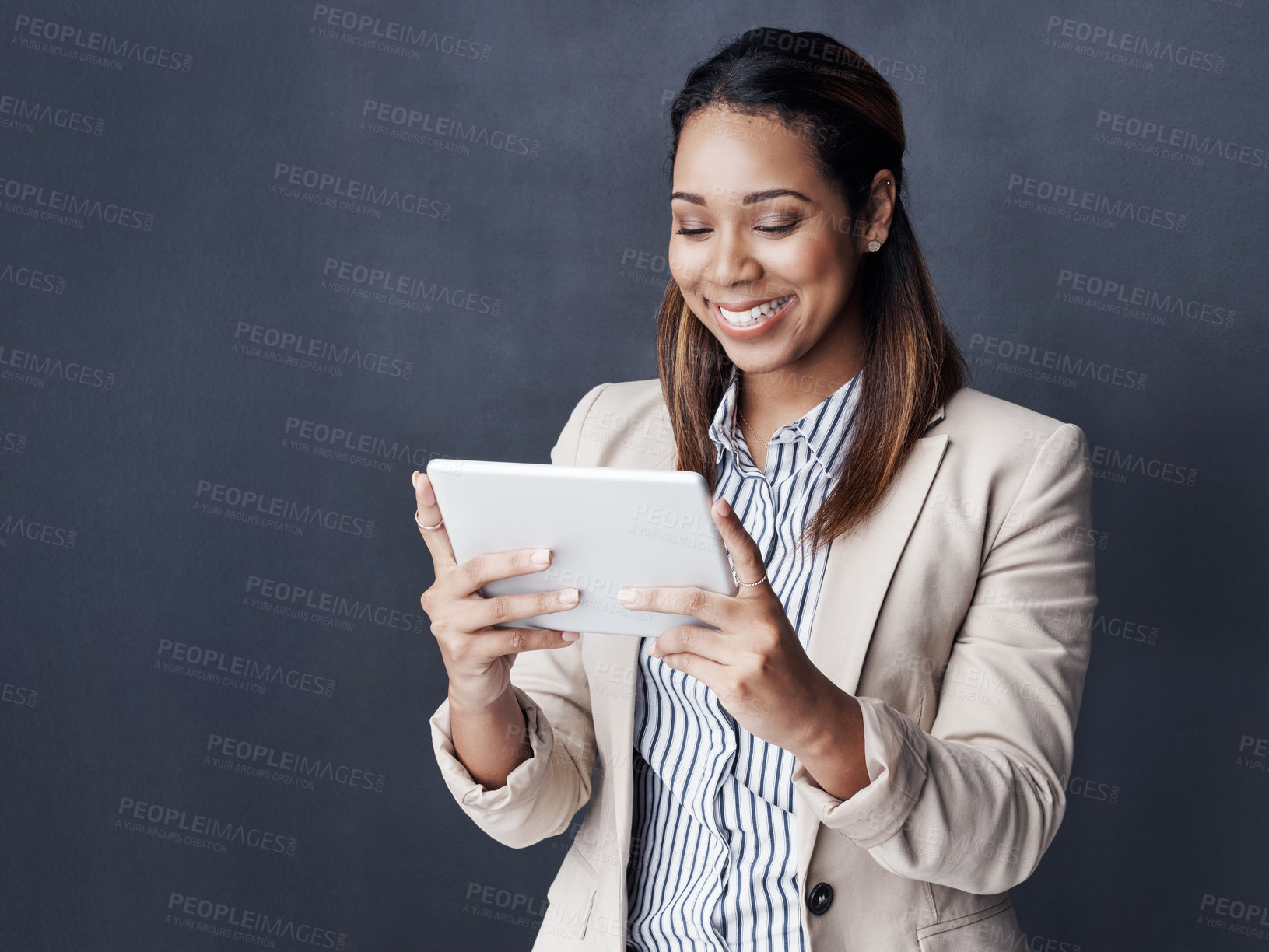 Buy stock photo Studio, businesswoman and lawyer with smile for tablet, website research and information for justice. Mockup space, female person and attorney with digital for results, case report or dark background