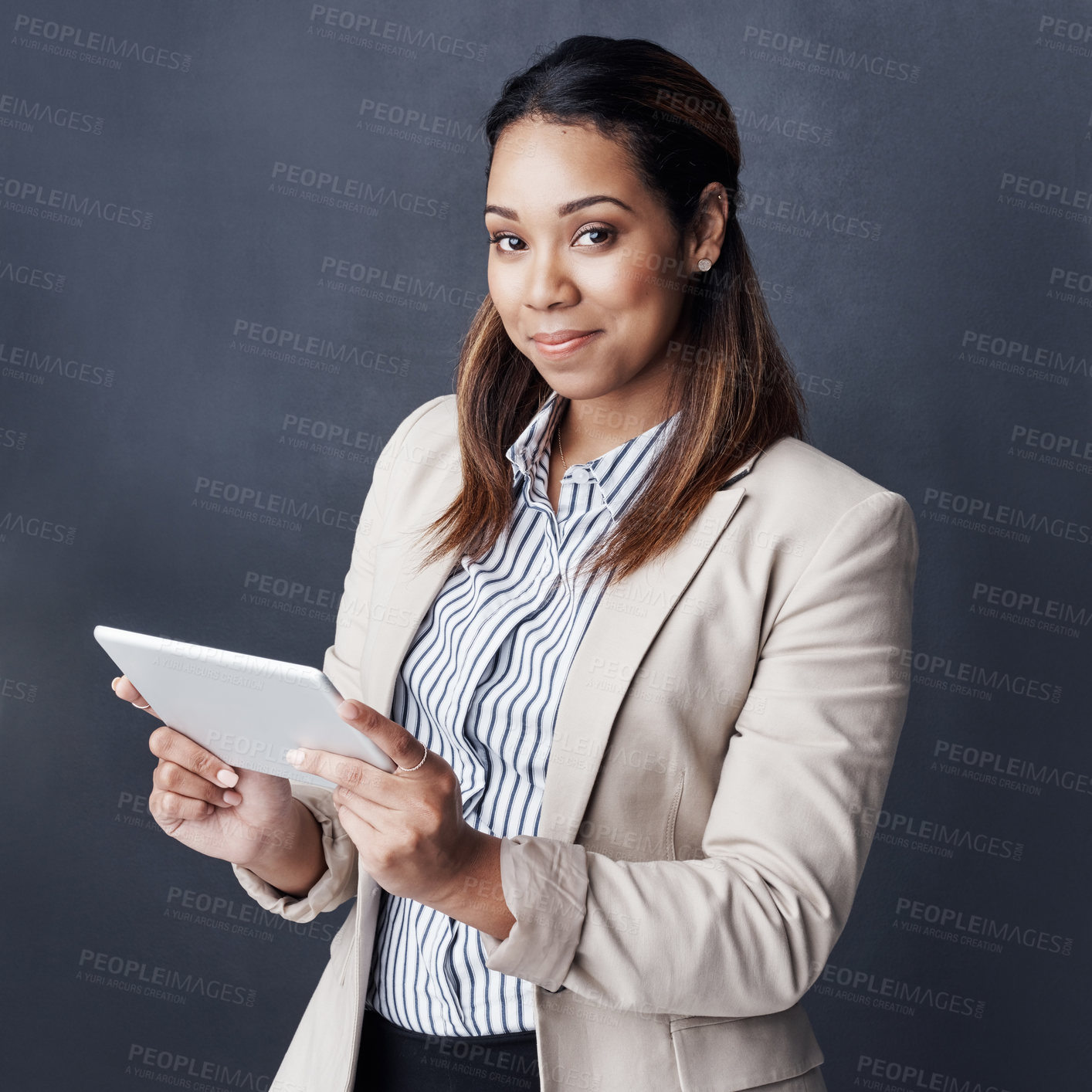 Buy stock photo Studio, businesswoman and portrait with research for tablet, digital website or information for justice. Career, female person or lawyer with smile for online solution, case report or gray background