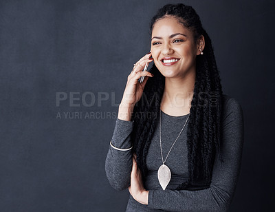 Buy stock photo Phone call, talking and African woman in studio for contact, online chat or social networking. Mockup space, communication and isolated person on smartphone for gossip conversation on dark background