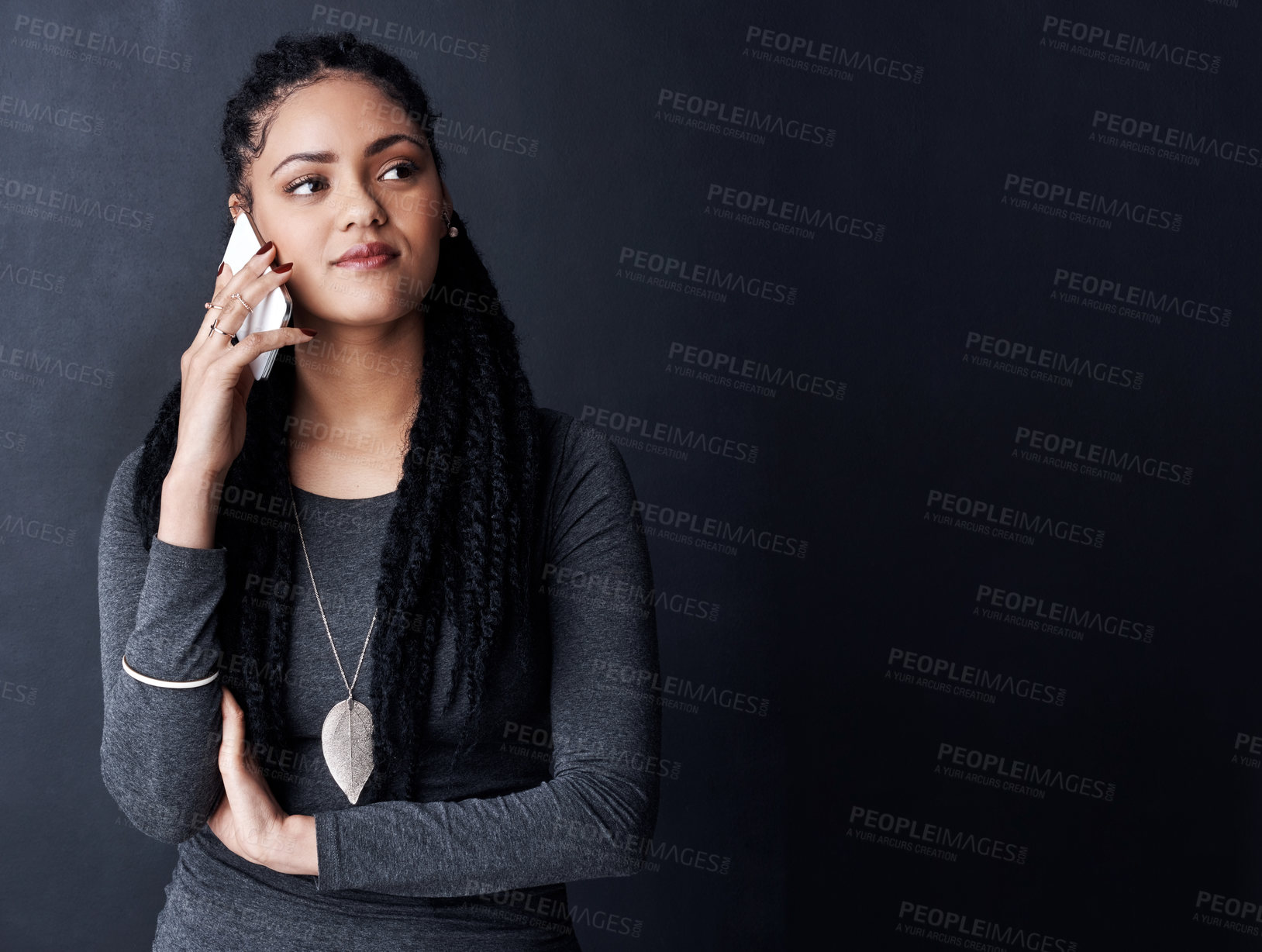 Buy stock photo Phone call, mockup space and African woman in studio for contact, online chat and social networking. Happy, communication and isolated person on smartphone for gossip conversation on dark background