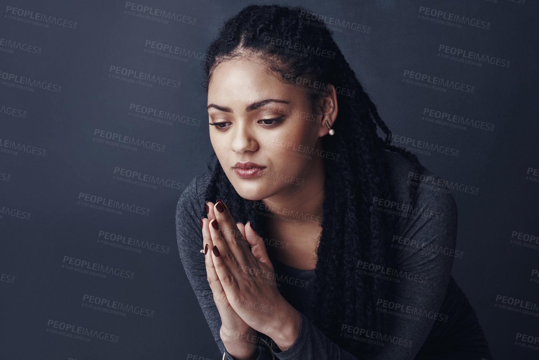 Buy stock photo Sad, thinking and African woman in studio with depression, anxiety and unhappy emotions. Mental health, thoughtful and isolated person with hurt for crisis, mistake and decision on dark background