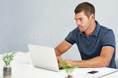 Buy stock photo Office, research and businessman with laptop for journalism, typing and draft angle for technology beat. Publication, male editor or ideas with digital for news story, article editing or mockup space