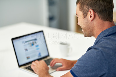 Buy stock photo Office, businessman and laptop with screen for research, typing and draft angle for technology beat. Publication, male editor and ideas with digital for news story, article information and editing