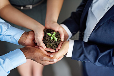 Buy stock photo Closeup shot of a group of businesspeople holding a plant growing out of soil