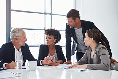 Buy stock photo Lawyer, group and paperwork in office with people, reading and thinking for problem solving at legal agency. Team, men and women by documents, review and talk for investigation at corporate law firm